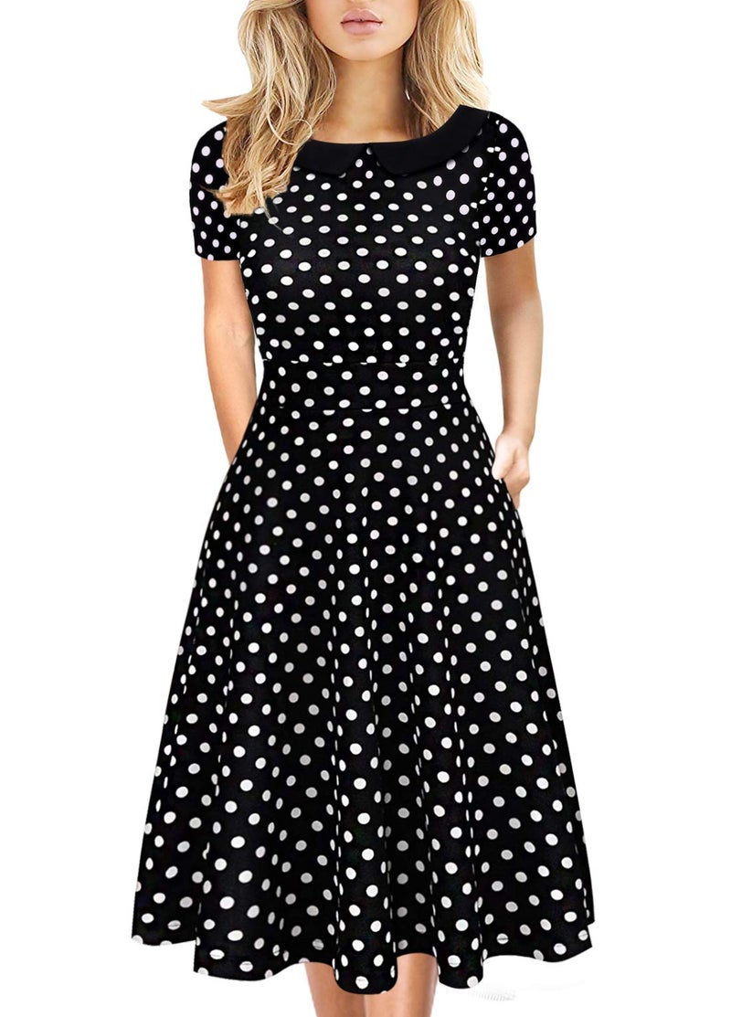 HELYO Vintage Dresses Women Short Sleeve Knee-Length Peter Pan Collar Casual Swing Wedding Party Vacation Homecoming for Junior 978 (Black Dot, M) - Image 1